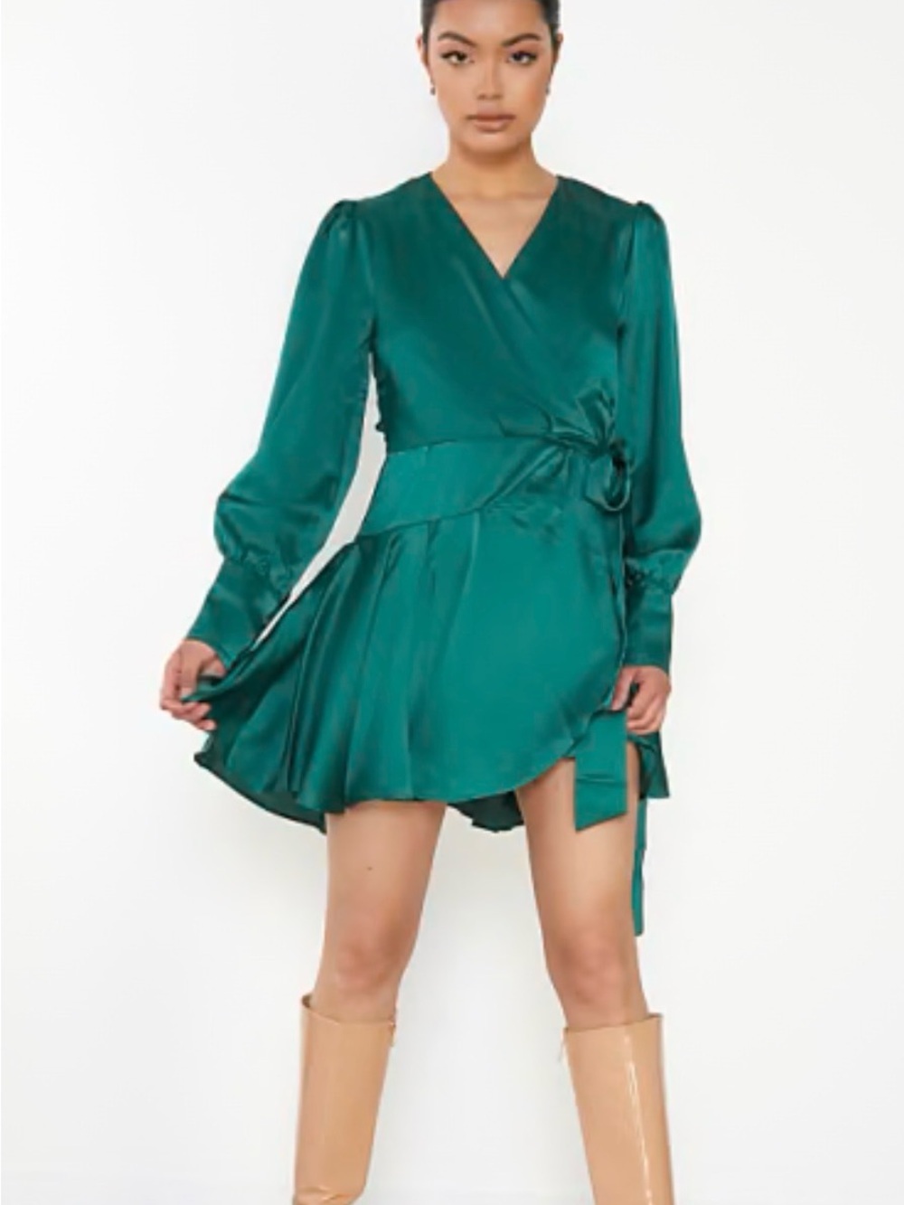 Glamorous Emerald Satin Wrap Mini Dress N0135